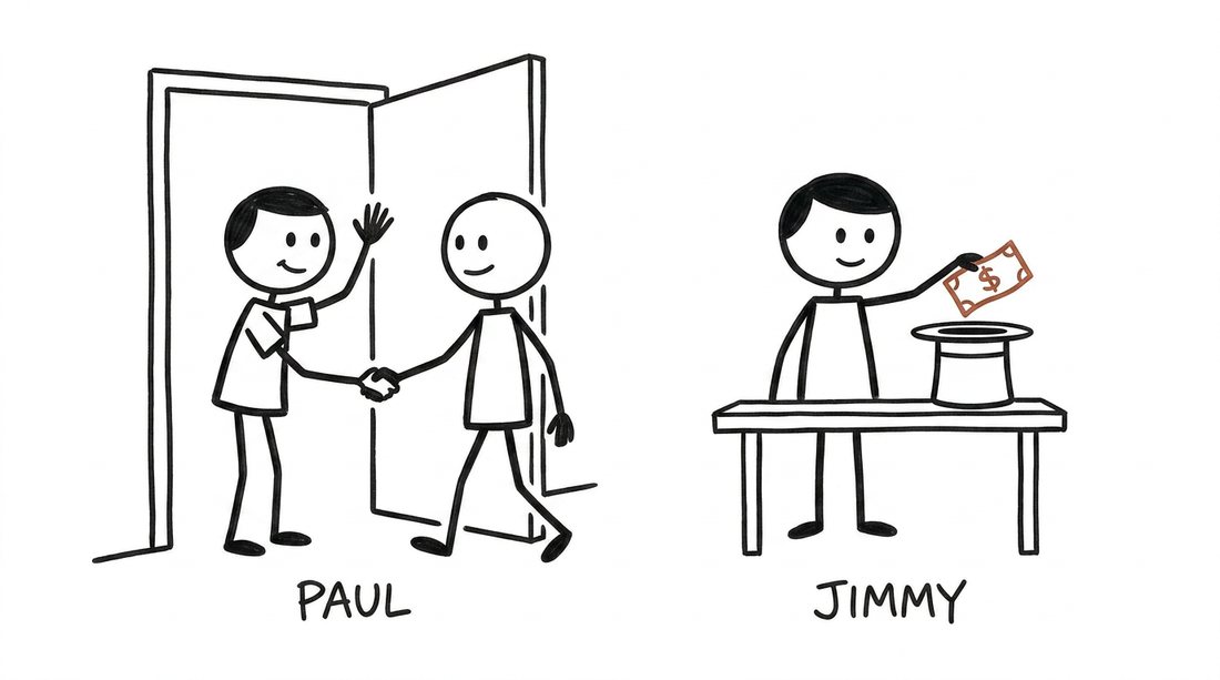 Paul welcoming a guest at the door while Jimmy pulls a dollar from a hat
